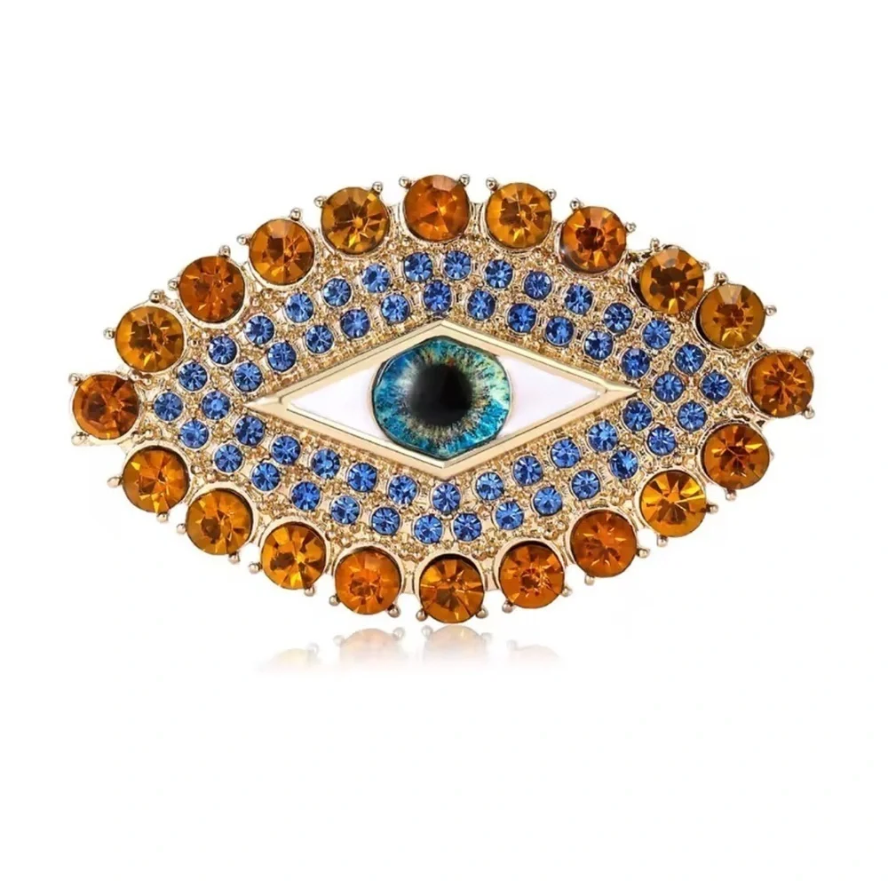 Golden Aura Evil Eye Royal Blue Crystals Brooch
